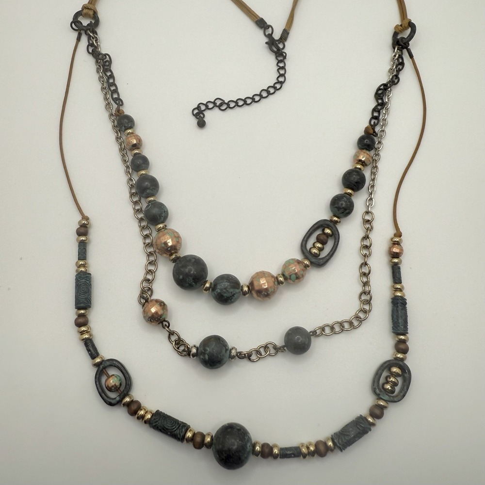 Boho Beaded Necklace Brass Tone Dark‎ Blue Green Triple Strand 22-25"